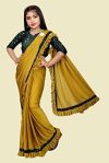 Avsar International Striped Banarasi Lycra Blend Saree(Mustard)