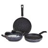 Amazon Solimo Aluminium 4 Piece Non-Stick Cookware Set | Granite Finish | Induction Base | PFOA Free | HTR Exterior Coating | 25 Cm Tawa, 22 Cm Kadai, 22 Cm Fry Pan, 1 Glass Lid | Grey