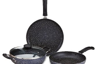 Amazon Solimo Aluminium 4 Piece Non-Stick Cookware Set | Granite Finish | Induction Base | PFOA Free | HTR Exterior Coating | 25 Cm Tawa, 22 Cm Kadai, 22 Cm Fry Pan, 1 Glass Lid | Grey